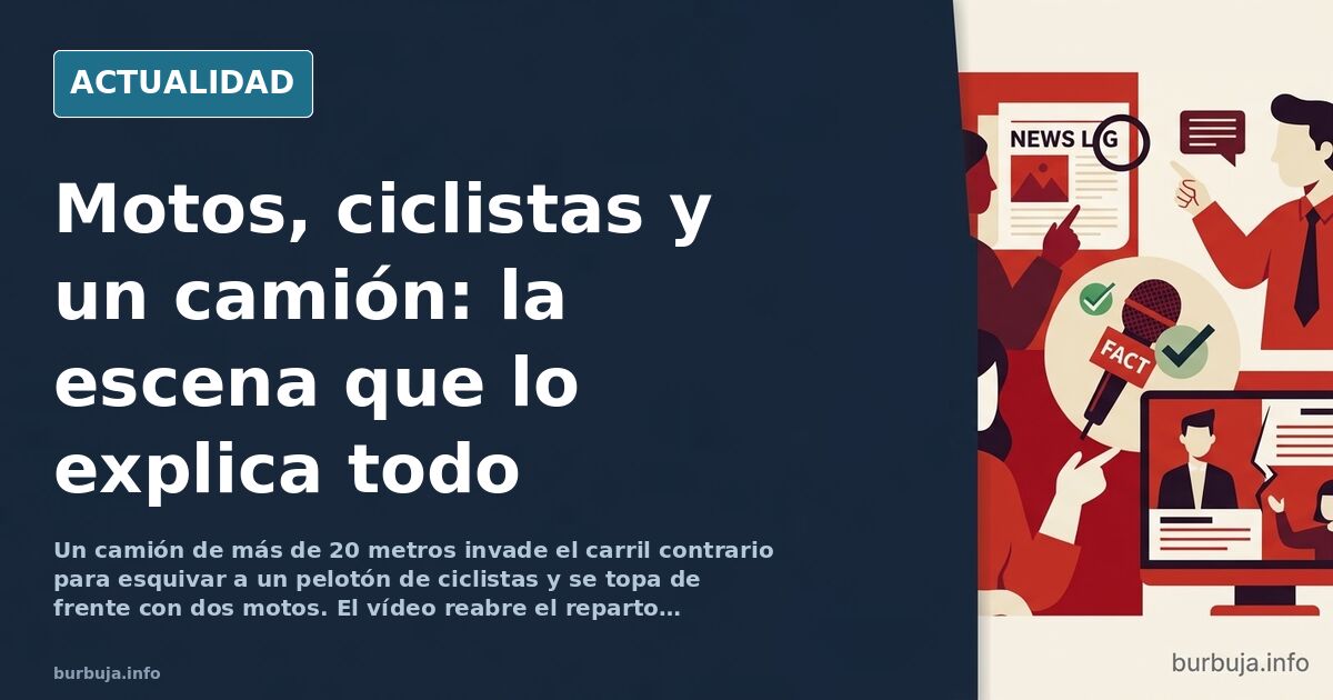Carretera convencional estrecha con doble línea continua, camión articulado, pelotón de ciclistas y dos motos coincidiendo en