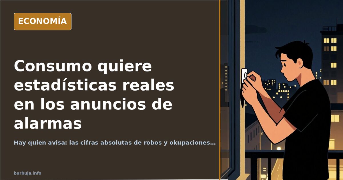 Ilustración editorial de una vivienda protegida por una alarma mientras una estadística oficial cae sobre el mercado de la se