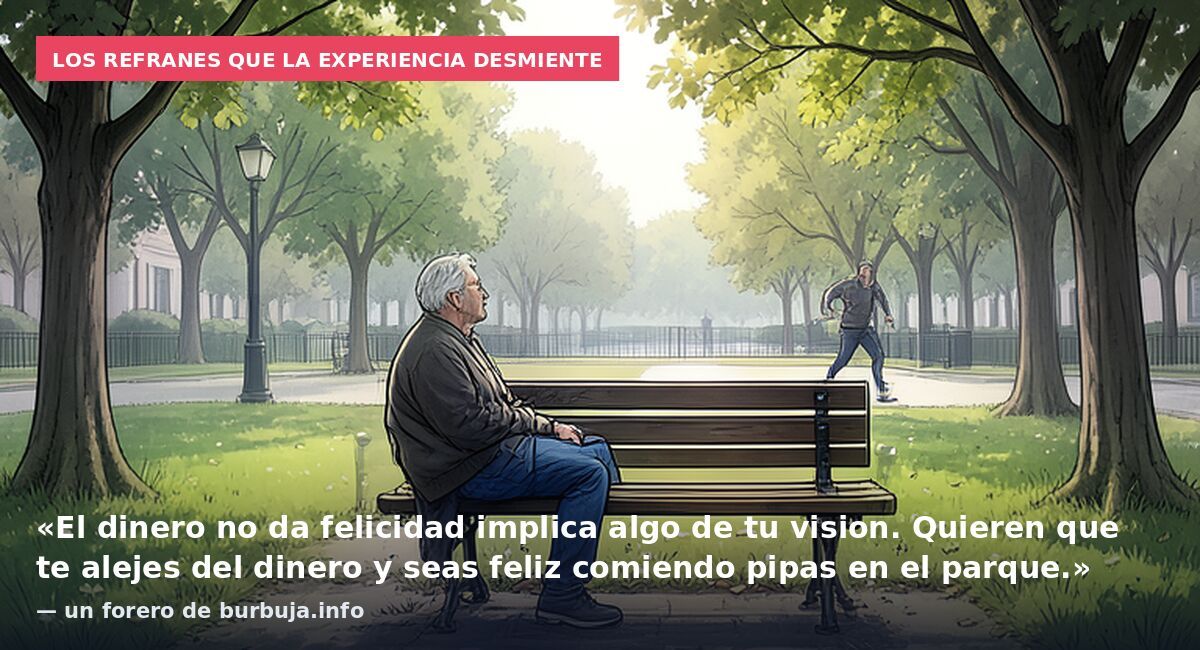 Los refranes que la experiencia desmiente: «El dinero no da felicidad implica algo de tu vision. Quieren que te alejes del dinero y seas feliz comiendo pipas en el parque.» — un forero de burbuja.info