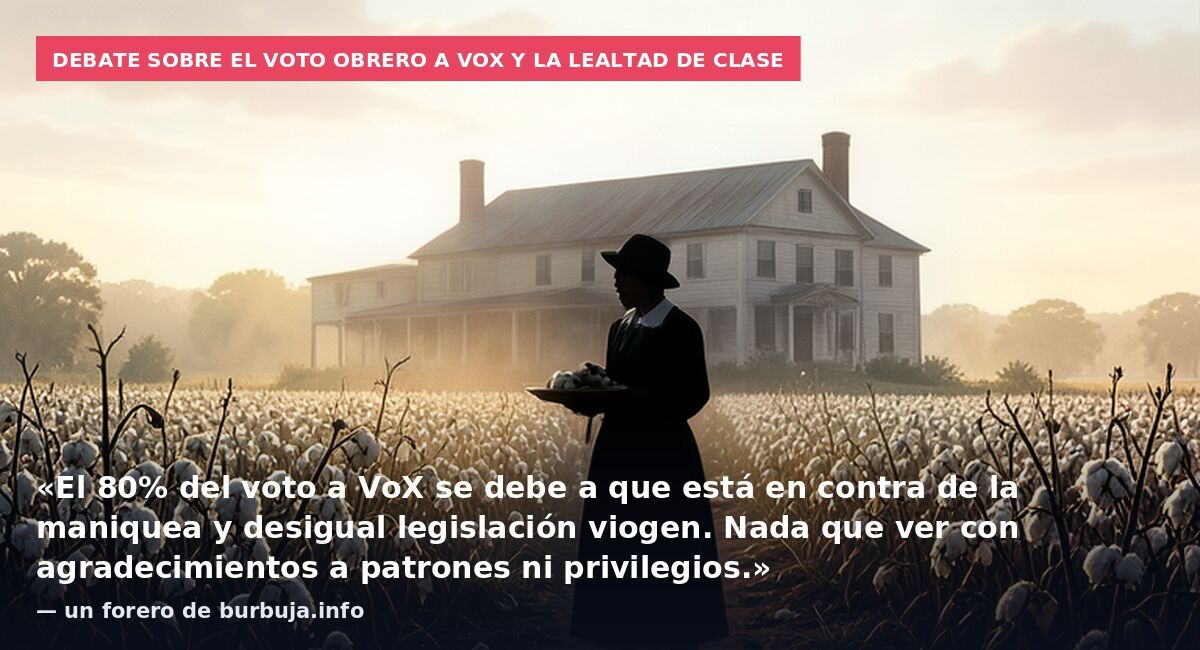 Debate sobre el voto obrero a Vox y la lealtad de clase: «El 80% del voto a VoX se debe a que está en contra de la maniquea y desigual legislación viogen. Nada que ver con agradecimientos a patrones ni privilegios.» — un forero de burbuja.info
