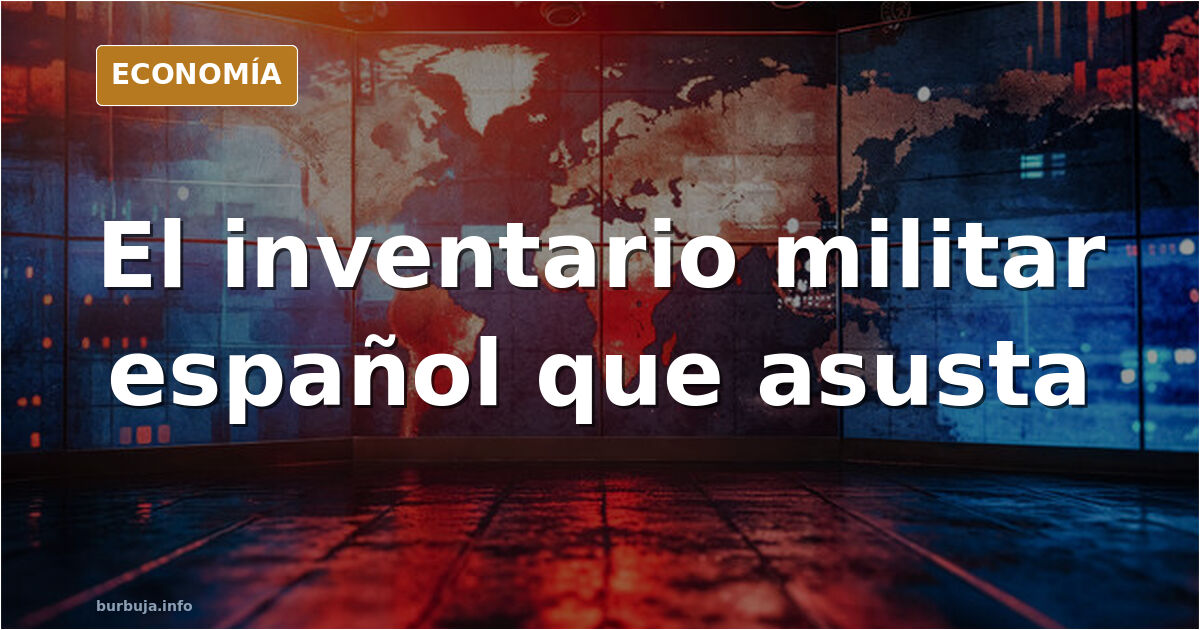 Ilustración editorial de un inventario militar español con obuses antiguos, fragatas y cazas sobre fondo azul marino y dorado