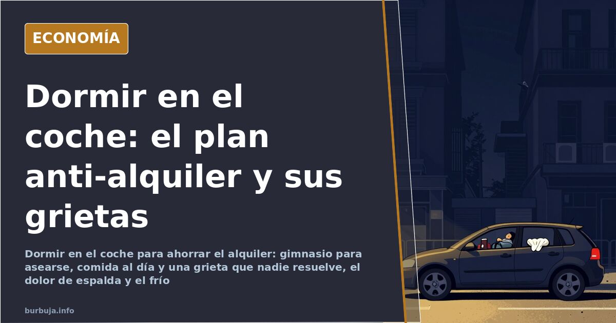 Interior de un coche con saco de dormir y cortinillas improvisadas, escena de dormir en el coche para ahorrar el alquiler