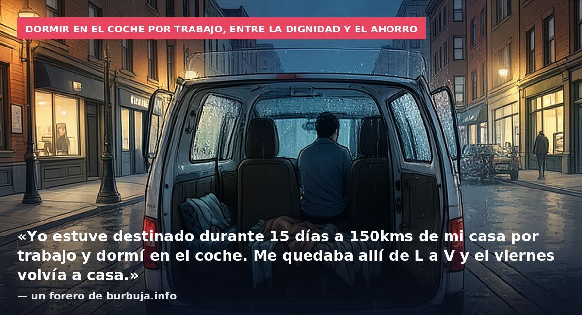 Dormir en el coche por trabajo, entre la dignidad y el ahorro: «Yo estuve destinado durante 15 días a 150kms de mi casa por trabajo y dormí en el coche. Me quedaba allí de L a V y el viernes volvía a casa.» — un forero de burbuja.info