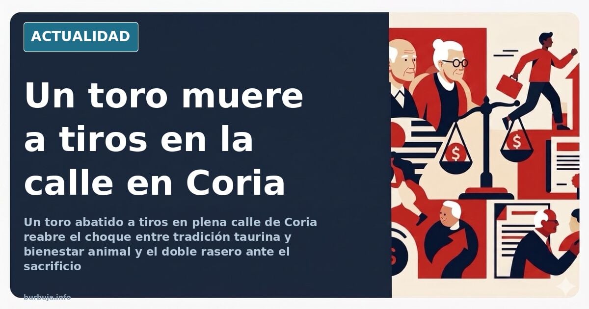 Calle de Coria durante un festejo taurino con un toro abatido a tiros y público alrededor