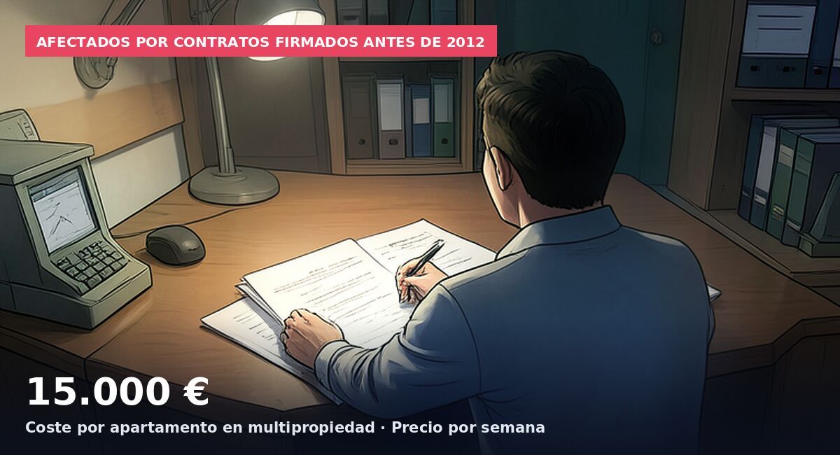 Afectados por contratos firmados antes de 2012: 15.000 € Coste por apartamento en multipropiedad · Precio por semana