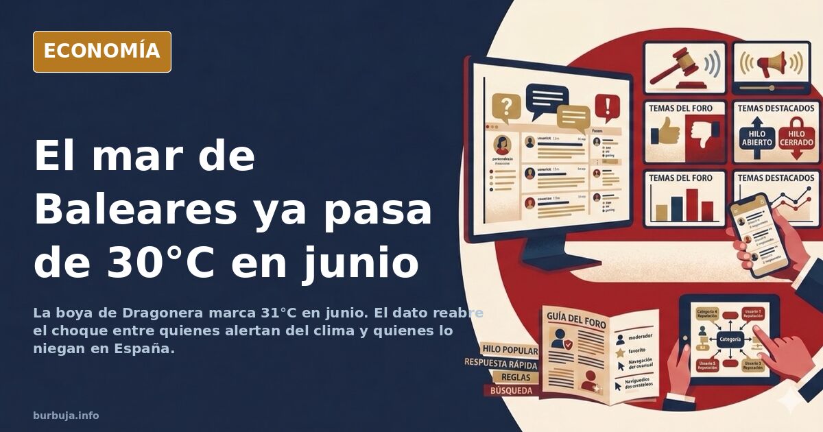 Ilustración editorial de una boya oceanográfica en el Mediterráneo con el mar en tonos cálidos y un termómetro marcando 31 gr