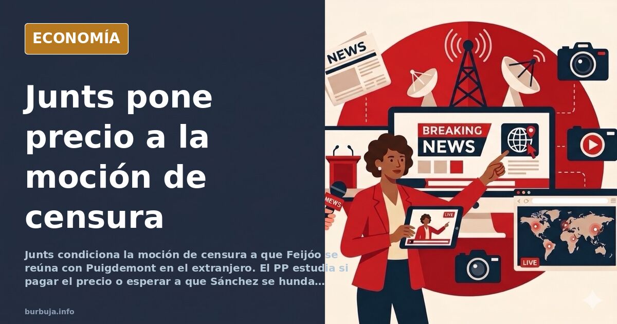 Ilustración editorial de dos siluetas políticas frente a una mesa de negociación con la bandera española y catalana de fondo