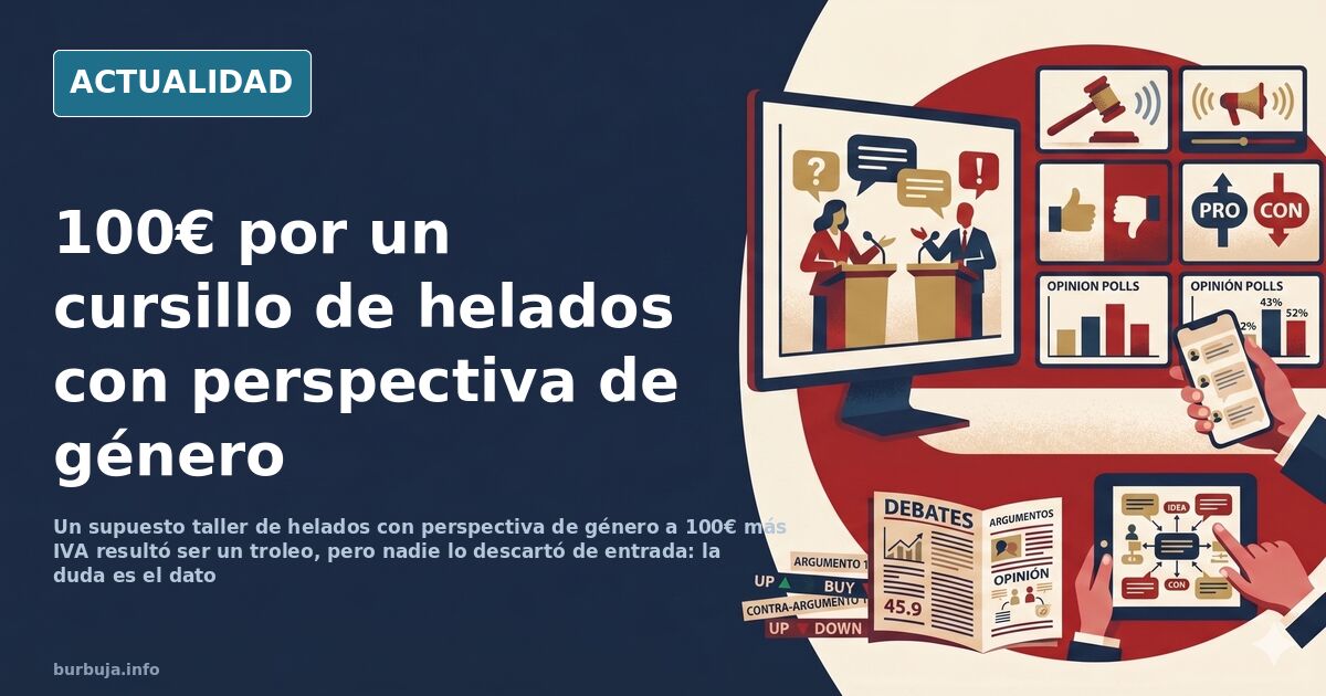 Cartel de un supuesto taller de helados con perspectiva de género con precio de cien euros más IVA sobre fondo neutro