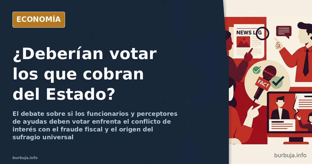 Ilustración editorial de una urna de voto con billetes de euro saliendo de ella sobre fondo azul marino y dorado