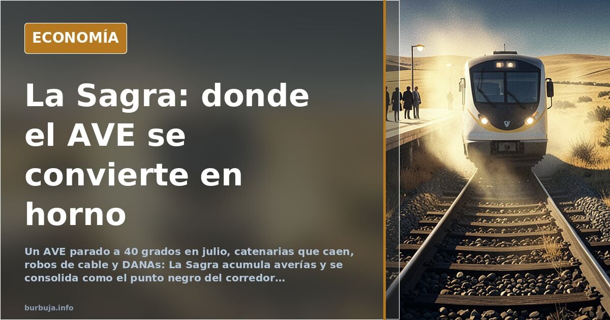 Tren de alta velocidad detenido en un paisaje manchego árido bajo un sol de justicia, con la catenaria dañada y viajeros asom