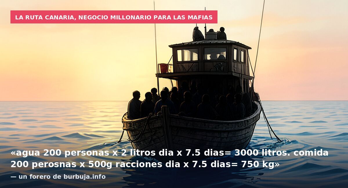 La ruta canaria, negocio millonario para las mafias: «agua 200 personas x 2 litros dia x 7.5 dias= 3000 litros. comida 200 perosnas x 500g racciones dia x 7.5 dias= 750 kg» — un forero de burbuja.info