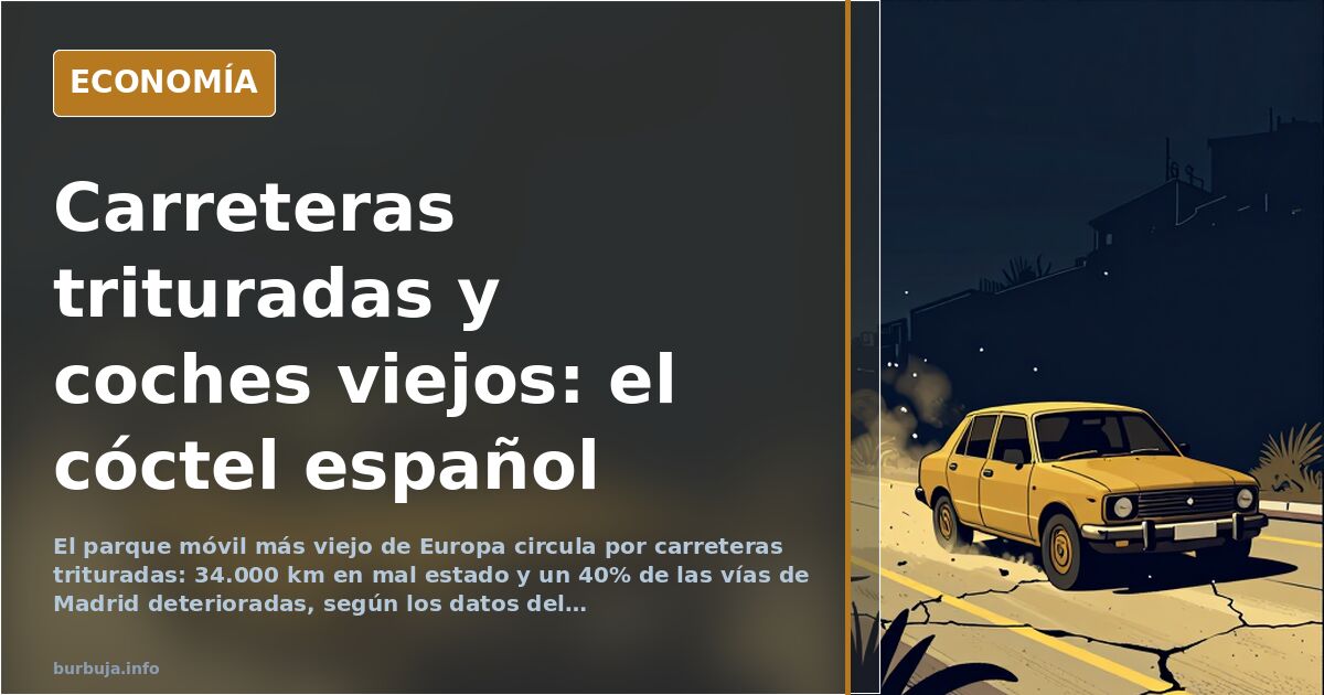 Ilustración editorial de una carretera española agrietada con un coche antiguo circulando entre baches y señales desgastadas