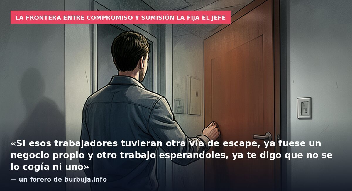 La frontera entre compromiso y sumisión la fija el jefe: «Si esos trabajadores tuvieran otra vía de escape, ya fuese un negocio propio y otro trabajo esperandoles, ya te digo que no se lo cogía ni uno» — un forero de burbuja.info