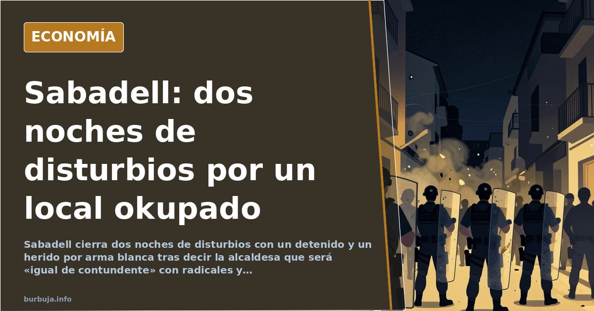 Ilustración editorial de un contenedor ardiendo en una calle de Sabadell con la silueta de un edificio okupado al fondo