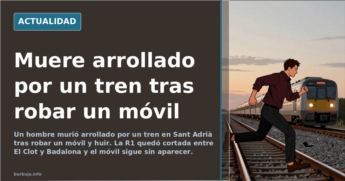 Vías del tren en Sant Adrià de Besòs junto a la estación, con un convoy detenido al fondo y personal de emergencias en el and