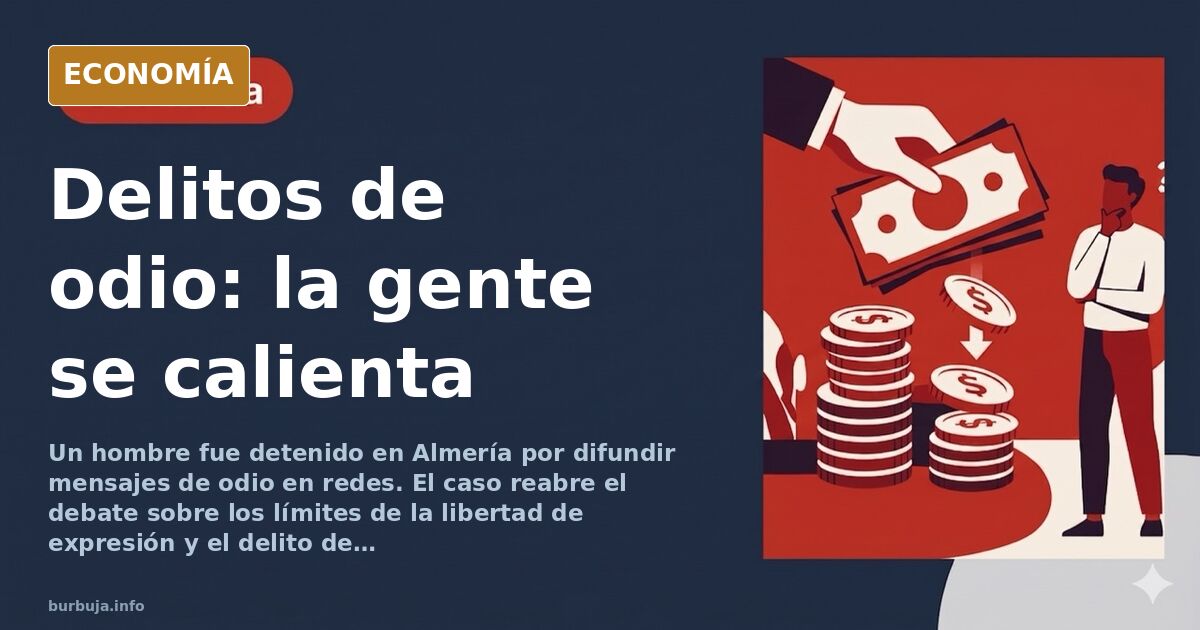 Ilustración editorial sobre delitos de odio y libertad de expresión con una puerta derribada y un teclado