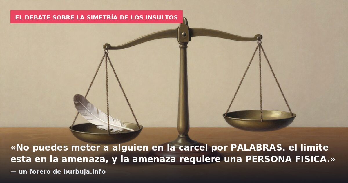 El debate sobre la simetría de los insultos: «No puedes meter a alguien en la carcel por PALABRAS. el limite esta en la amenaza, y la amenaza requiere una PERSONA FISICA.» — un forero de burbuja.info