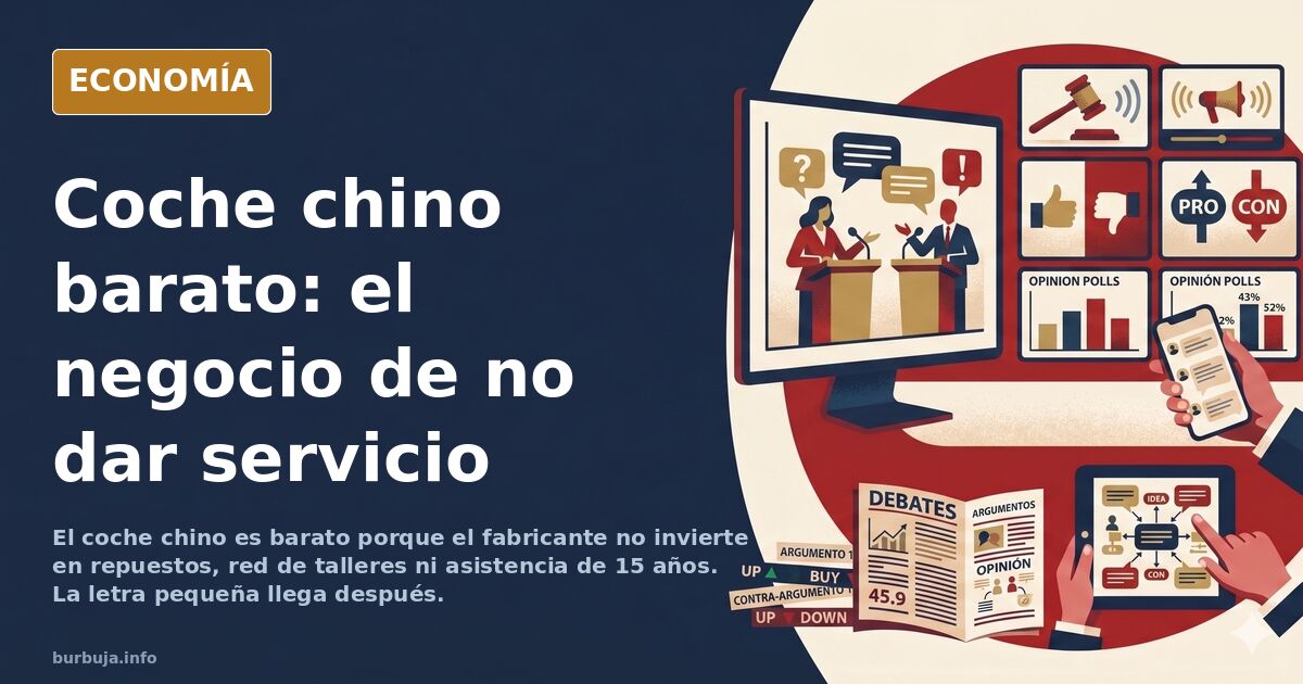 Ilustración editorial de un coche chino barato junto a piezas de repuesto ausentes y una factura pendiente