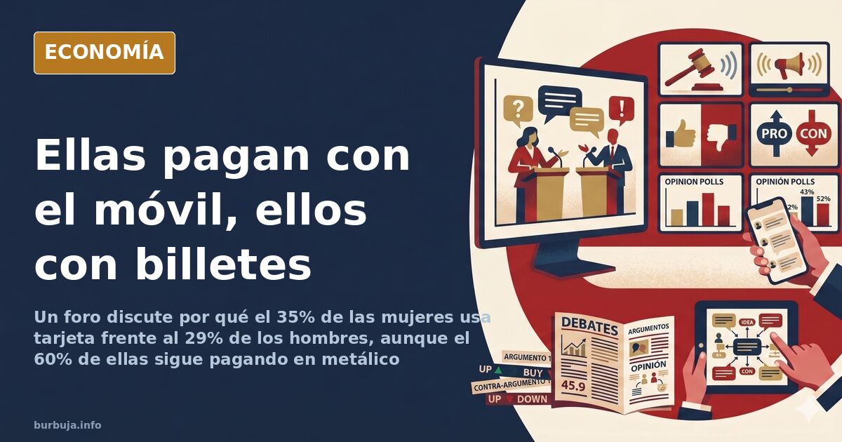 Mano femenina pagando con el móvil en un datáfono junto a billetes y monedas sobre un mostrador