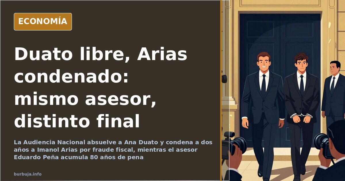 Ilustración editorial sobre la absolución de Ana Duato y la condena a Imanol Arias por fraude fiscal en la Audiencia Nacional
