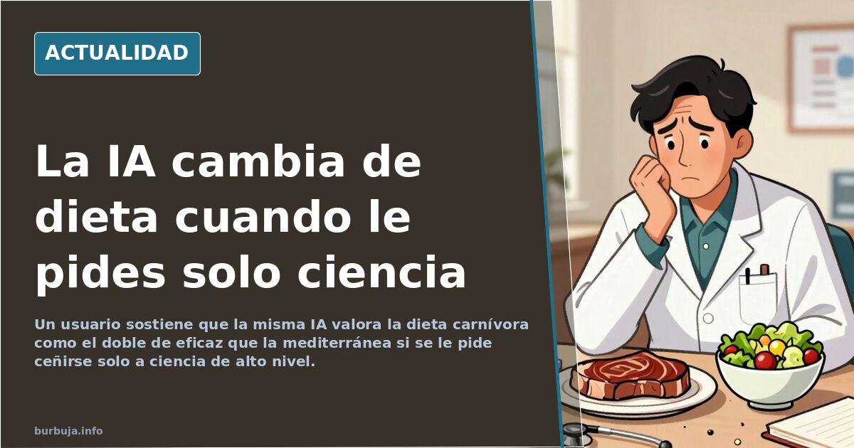 Ilustración editorial de una consulta médica con pantalla de ordenador mostrando gráficos de dieta carnívora y mediterránea c