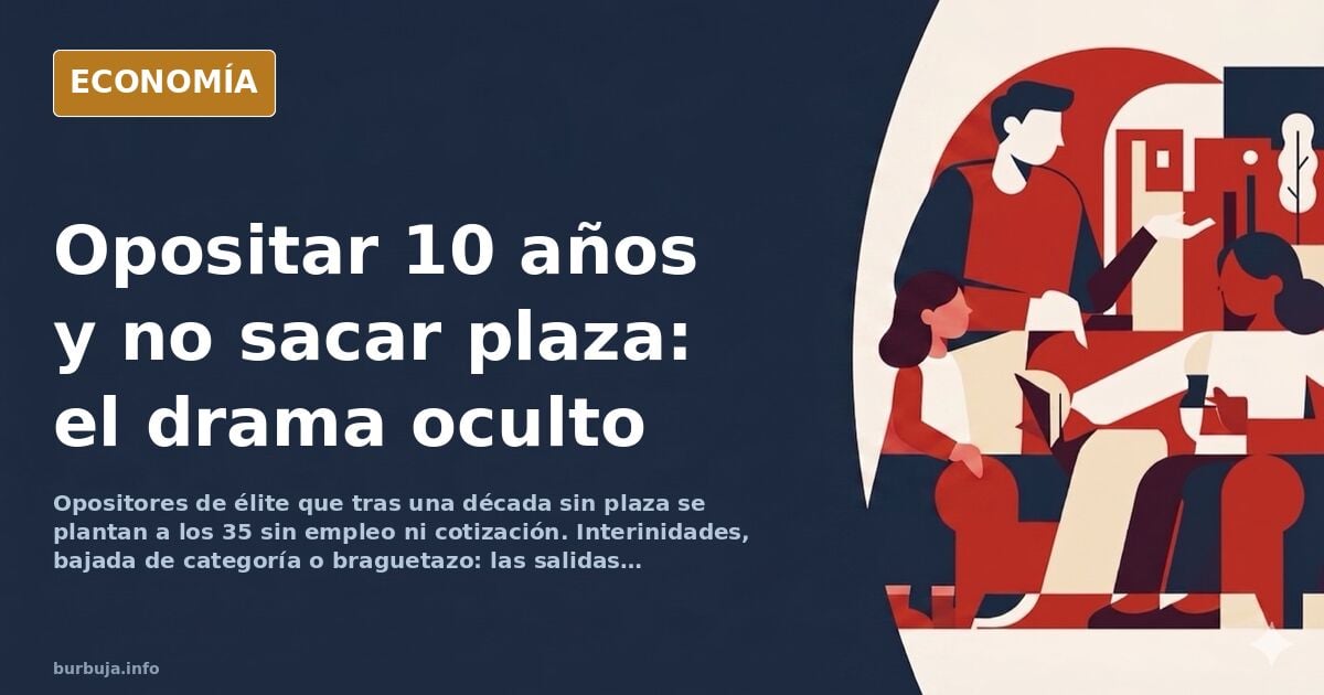 Ilustración editorial de un opositor frente a una pila de libros y un reloj de arena, simbolizando años de estudio sin plaza