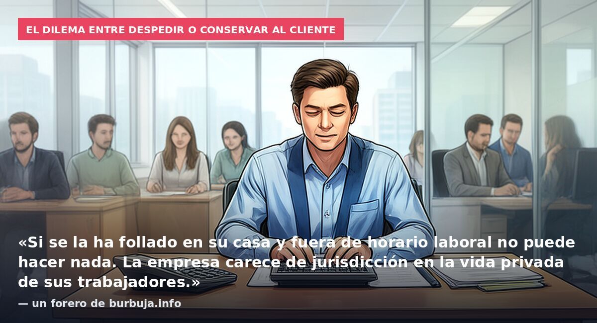 El dilema entre despedir o conservar al cliente: «Si se la ha follado en su casa y fuera de horario laboral no puede hacer nada. La empresa carece de jurisdicción en la vida privada de sus trabajadores.» — un forero de burbuja.info