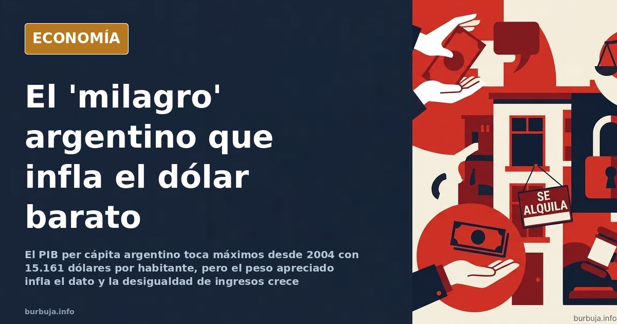 Gráfico editorial en azul marino y dorado con la evolución del PIB per cápita argentino en dólares y una flecha ascendente
