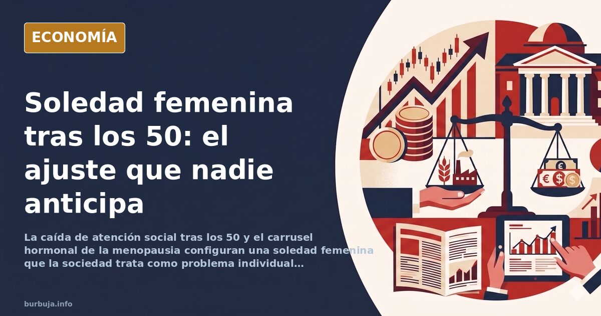 Ilustración editorial de una mujer de mediana edad sentada junto a una ventana en tonos azul marino y dorado