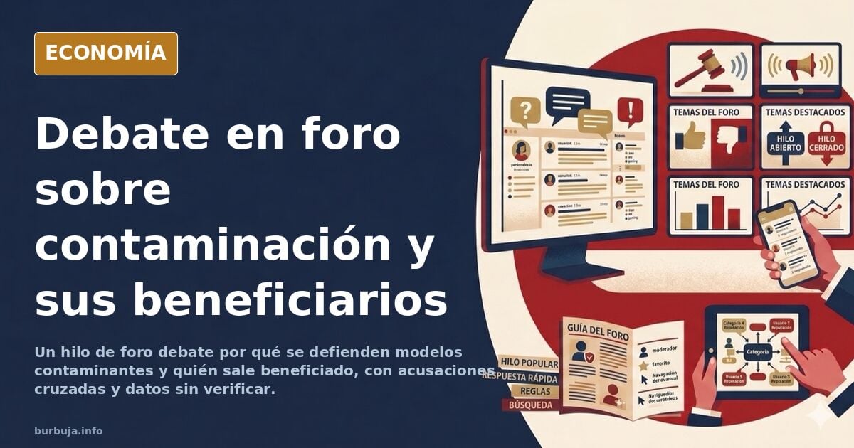 Ilustración editorial sobre un debate en foro acerca del coste económico de la contaminación y sus beneficiarios