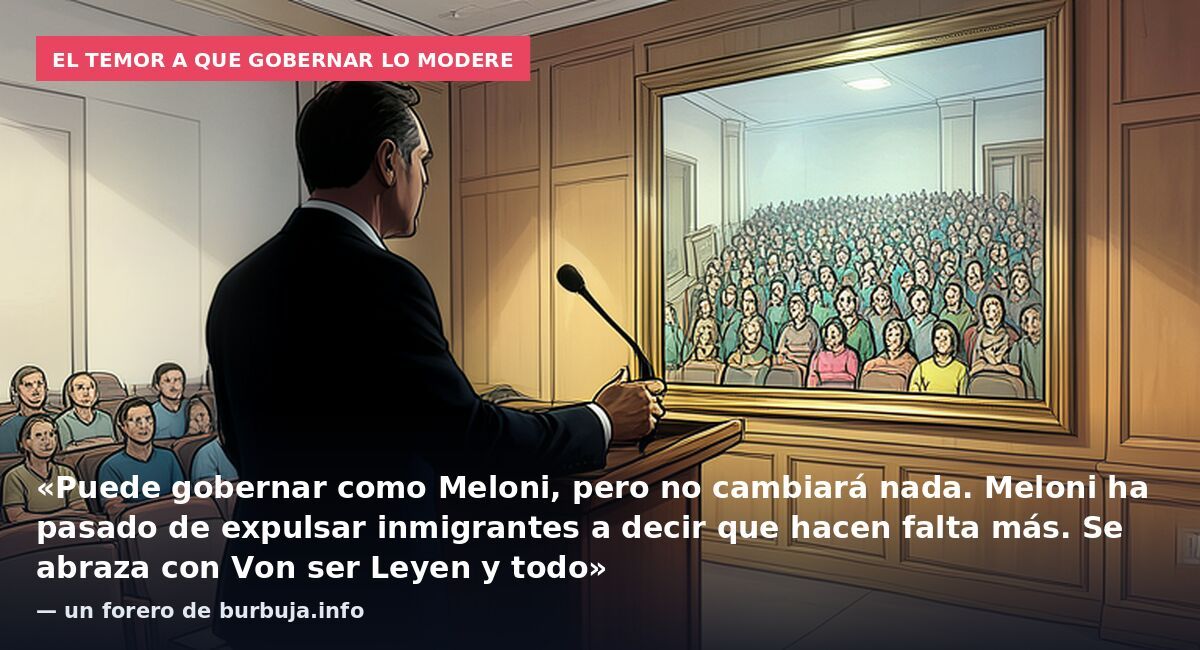 El temor a que gobernar lo modere: «Puede gobernar como Meloni, pero no cambiará nada. Meloni ha pasado de expulsar inmigrantes a decir que hacen falta más. Se abraza con Von ser Leyen y todo» — un forero de burbuja.info