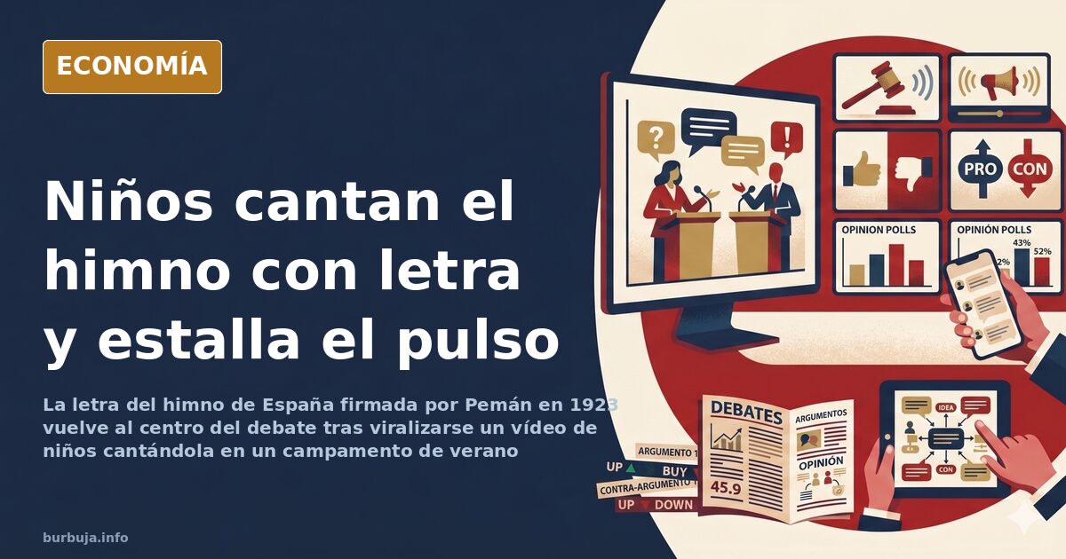 Ilustración editorial de niños cantando el himno de España con letra en un campamento de verano