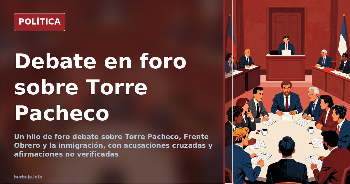 Ilustración editorial de un foro de debate con mensajes sobre Torre Pacheco y Frente Obrero