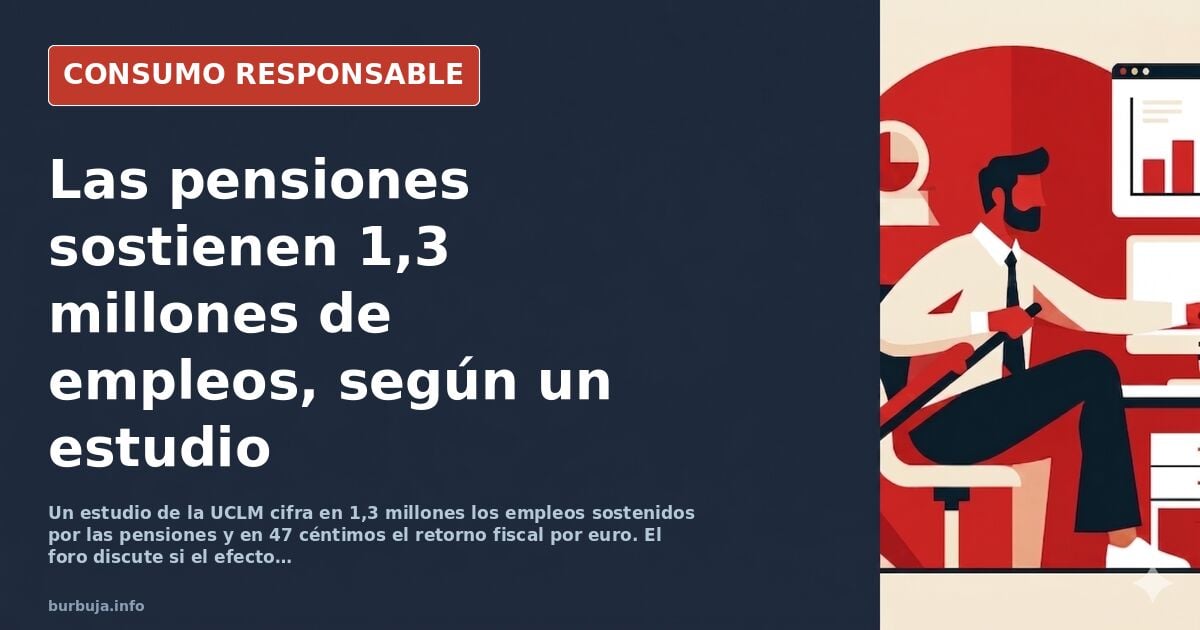 Personas mayores caminando por una calle española junto a un gráfico de empleo y pensiones públicas