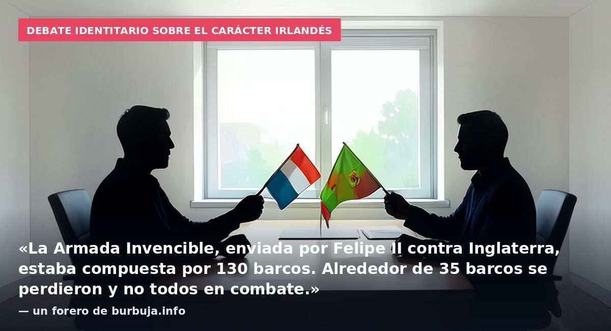 Debate identitario sobre el carácter irlandés: «La Armada Invencible, enviada por Felipe II contra Inglaterra, estaba compuesta por 130 barcos. Alrededor de 35 barcos se perdieron y no todos en combate.» — un forero de burbuja.info