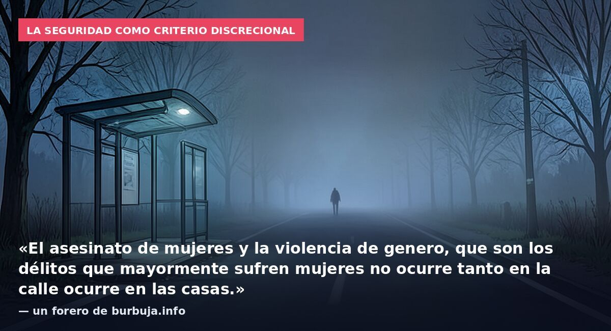 La seguridad como criterio discrecional: «El asesinato de mujeres y la violencia de genero, que son los délitos que mayormente sufren mujeres no ocurre tanto en la calle ocurre en las casas.» — un forero de burbuja.info