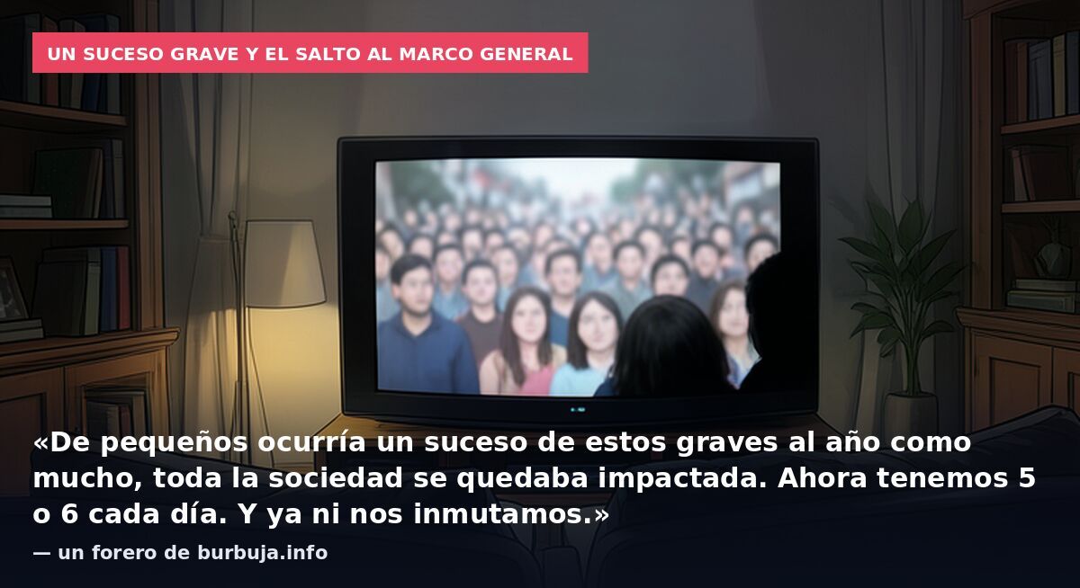 Un suceso grave y el salto al marco general: «De pequeños ocurría un suceso de estos graves al año como mucho, toda la sociedad se quedaba impactada. Ahora tenemos 5 o 6 cada día. Y ya ni nos inmutamos.» — un forero de burbuja.info