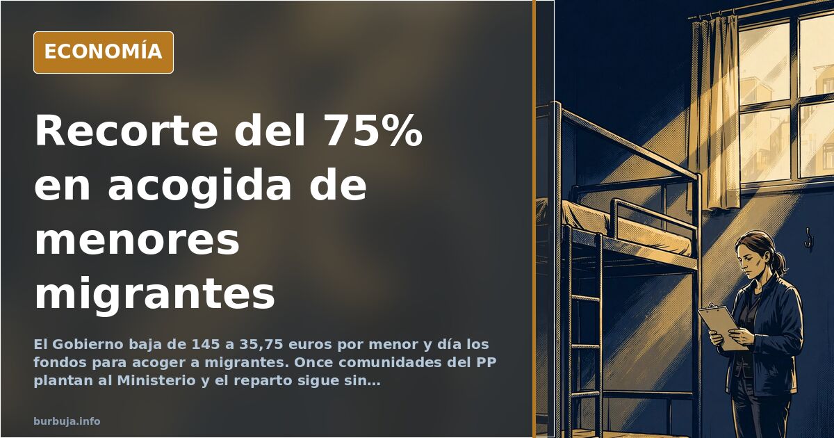 Ilustración editorial de un edificio oficial con una balanza desequilibrada y siluetas de menores migrantes esperando acogida