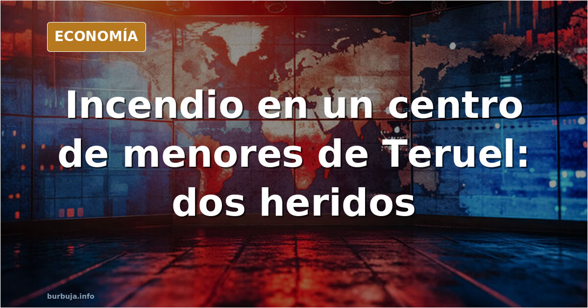 Ilustración editorial de un centro de acogida de menores dañado por un incendio en Teruel, con siluetas de educadores y servi