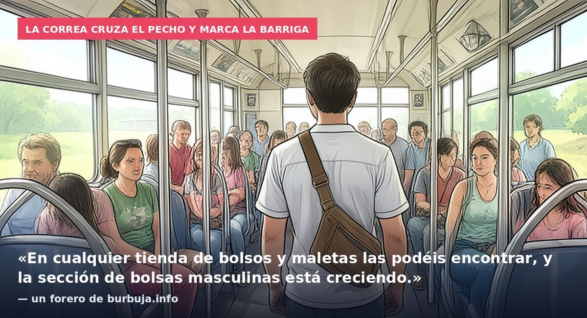 La correa cruza el pecho y marca la barriga: «En cualquier tienda de bolsos y maletas las podéis encontrar, y la sección de bolsas masculinas está creciendo.» — un forero de burbuja.info
