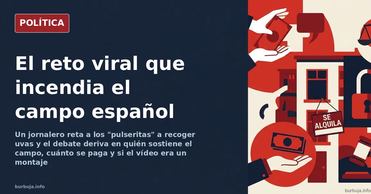 Viñedo español en plena vendimia con un trabajador agrícola recogiendo uvas bajo el sol y cajas de fruta apiladas al fondo