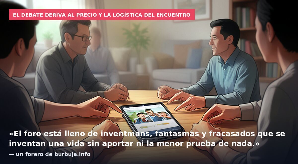 El debate deriva al precio y la logística del encuentro: «El foro está lleno de inventmans, fantasmas y fracasados que se inventan una vida sin aportar ni la menor prueba de nada.» — un forero de burbuja.info