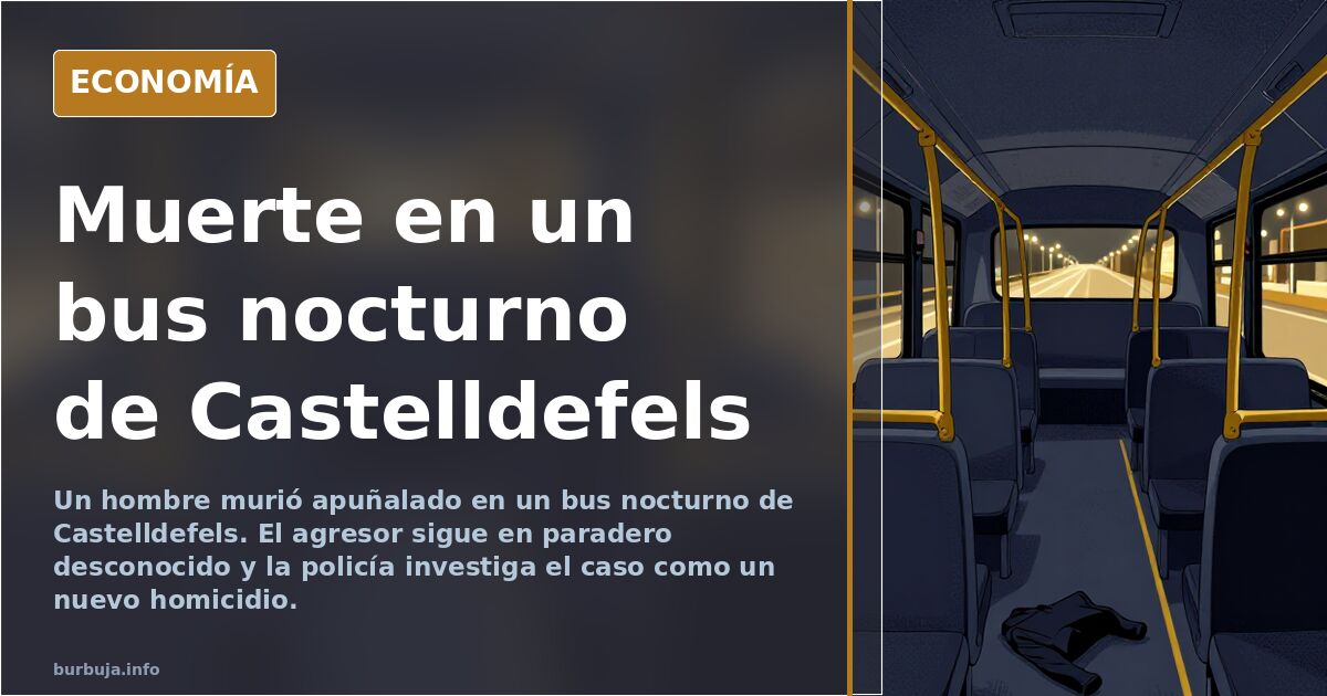 Ilustración editorial de un autobús nocturno urbano en una parada vacía, con luz fría y silueta de dos figuras al fondo