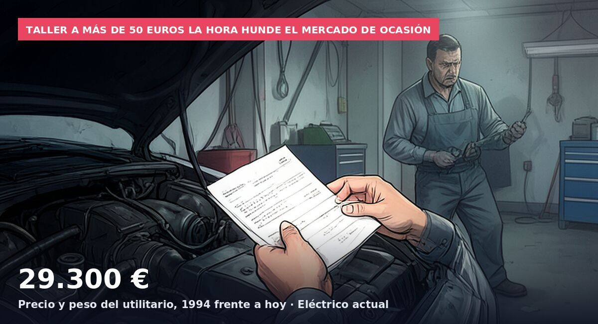 Taller a más de 50 euros la hora hunde el mercado de ocasión: 29.300 € Precio y peso del utilitario, 1994 frente a hoy · Eléctrico actual