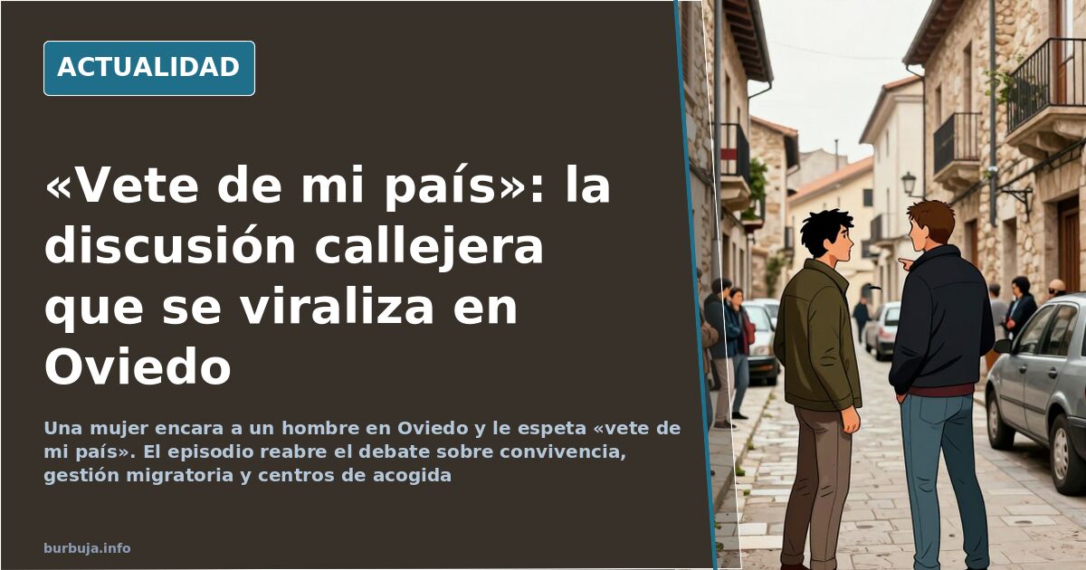 Escena callejera en Oviedo con una mujer gesticulando frente a un hombre en actitud tensa, ilustración editorial de prensa
