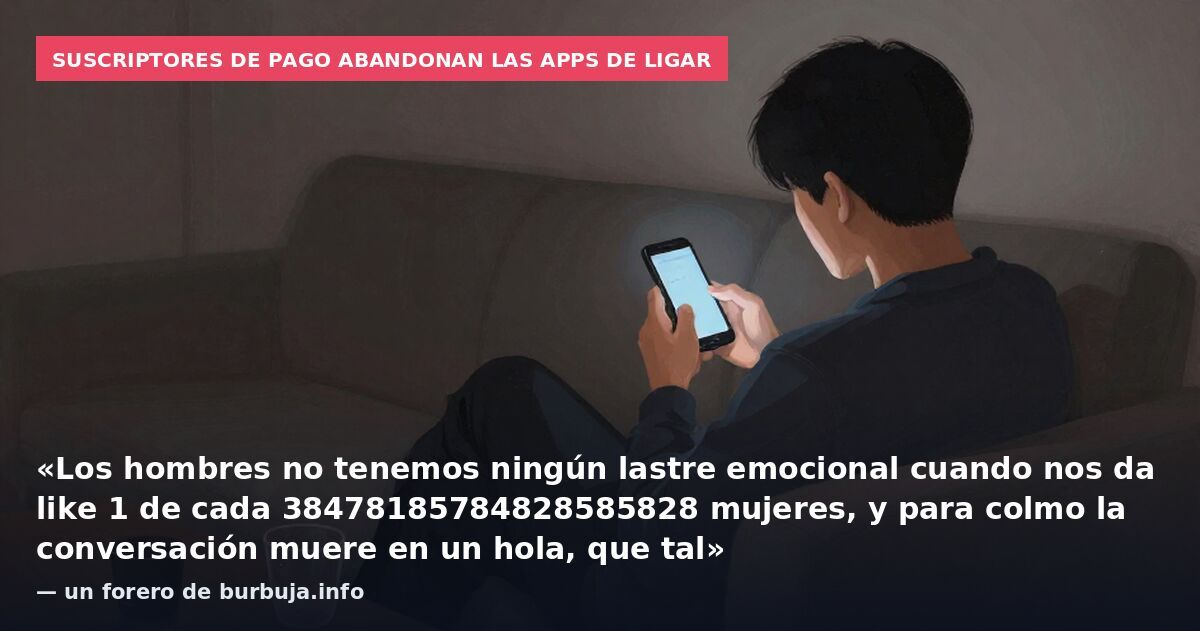 Suscriptores de pago abandonan las apps de ligar: «Los hombres no tenemos ningún lastre emocional cuando nos da like 1 de cada 38478185784828585828 mujeres, y para colmo la conversación muere en un hola, que tal» — un forero de burbuja.info