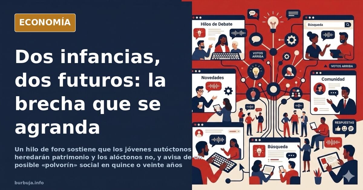 Ilustración editorial de dos niños de espaldas observando una ciudad dividida por un muro, brecha patrimonial entre jóvenes a