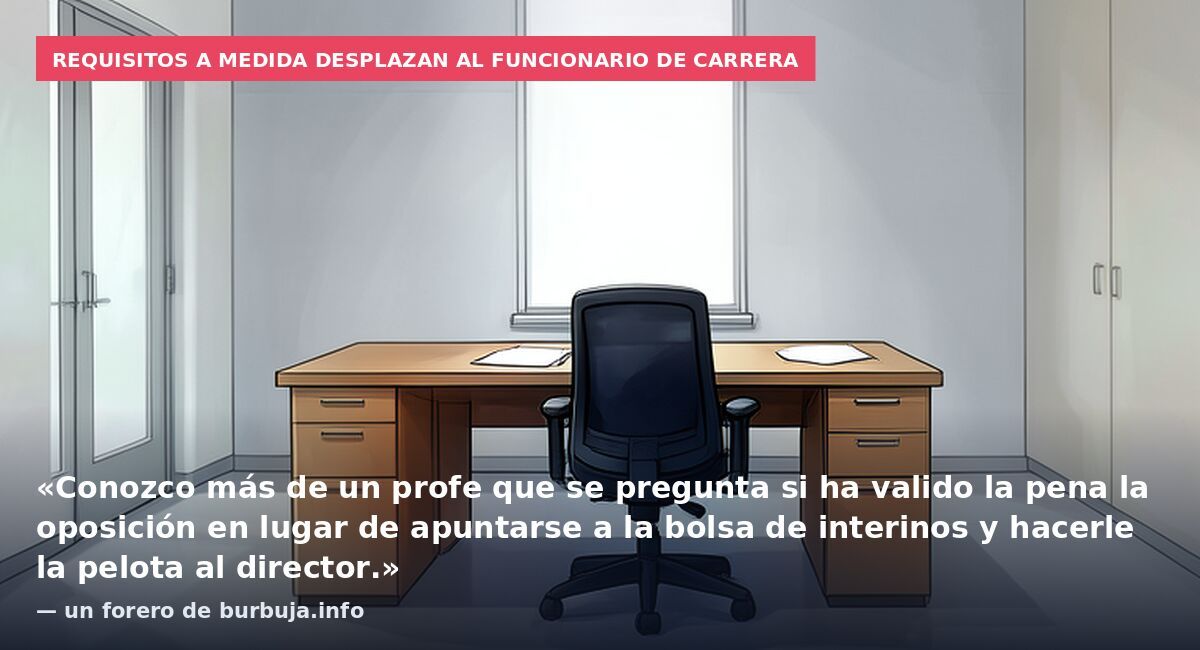 Requisitos a medida desplazan al funcionario de carrera: «Conozco más de un profe que se pregunta si ha valido la pena la oposición en lugar de apuntarse a la bolsa de interinos y hacerle la pelota al director.» — un forero de burbuja.info