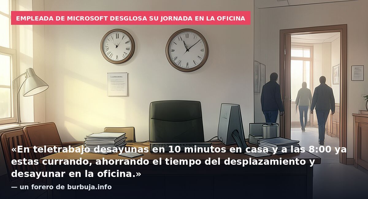 Empleada de Microsoft desglosa su jornada en la oficina: «En teletrabajo desayunas en 10 minutos en casa y a las 8:00 ya estas currando, ahorrando el tiempo del desplazamiento y desayunar en la oficina.» — un forero de burbuja.info