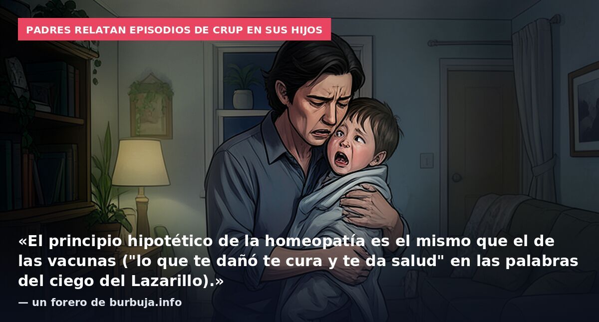 Padres relatan episodios de crup en sus hijos: «El principio hipotético de la homeopatía es el mismo que el de las vacunas ("lo que te dañó te cura y te da salud" en las palabras del ciego del Lazarillo).» — un forero de burbuja.info